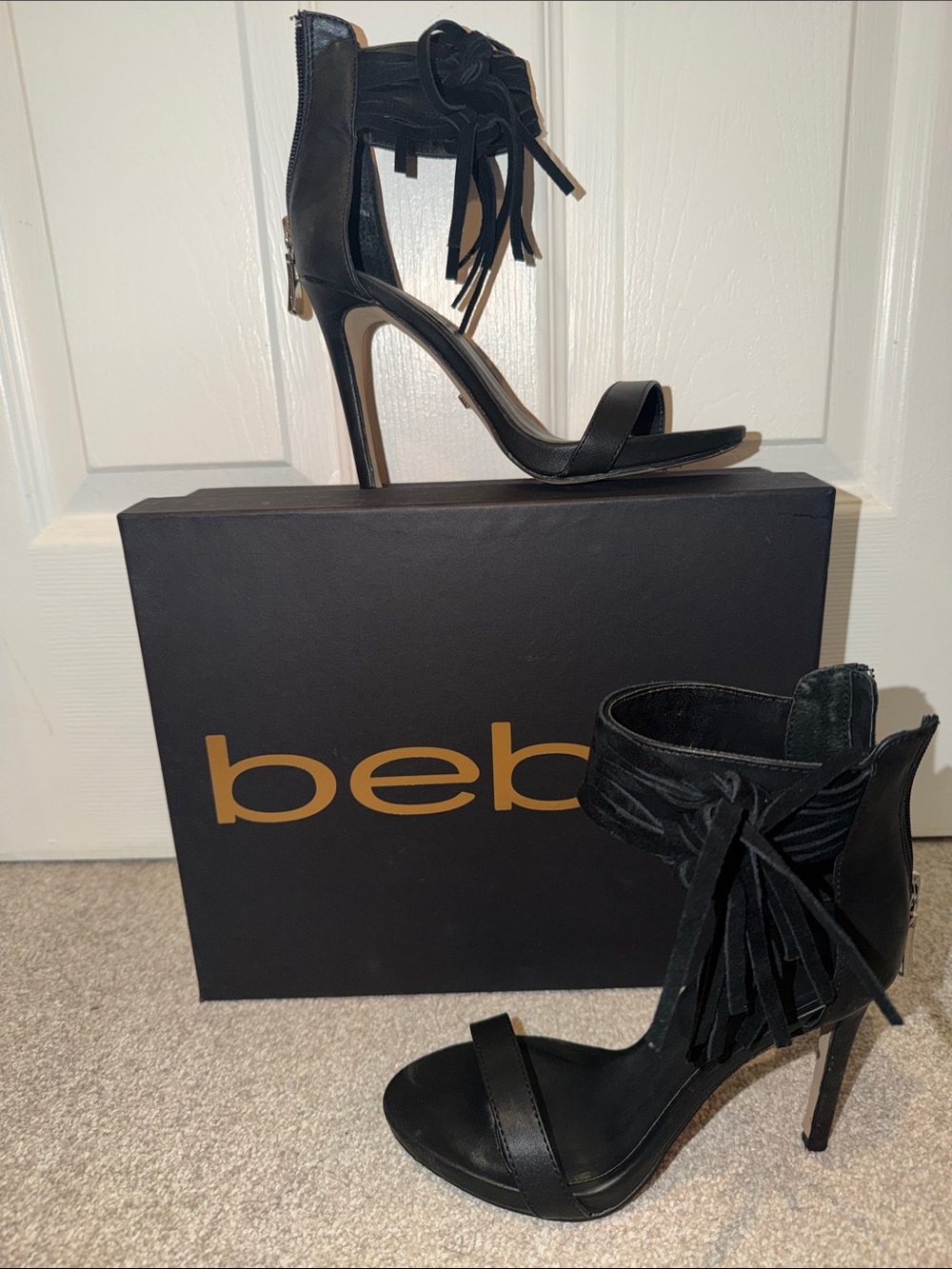 bebe Black Suede Fringe Ankle-Strap Stiletto Sandals
